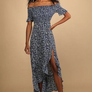 Lulus Fleur-tation Navy Blue Floral Print Off-the-Shoulder Midi Dress - Size L